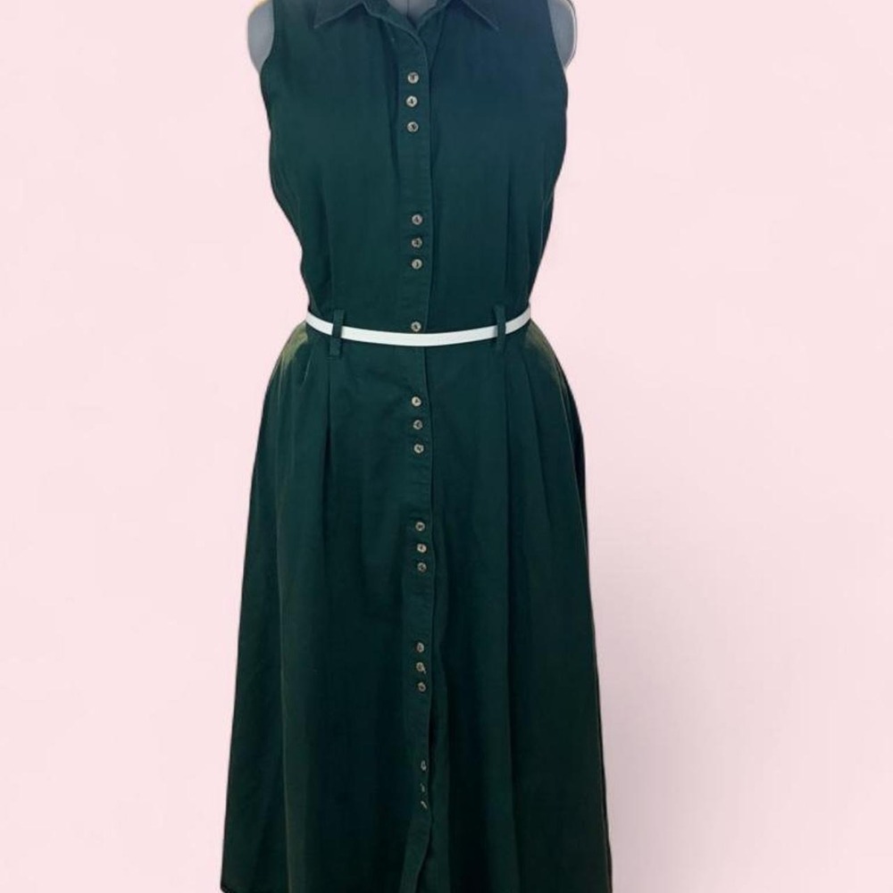 Vintage Tickets Hunter Green Sleeveless Midi Shirt Dress Dark Academia 11/12